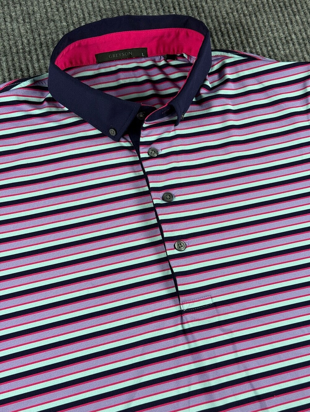 Greyson Performance Golf Polo Mens L Button Down Purple Navy Striped Club Logo